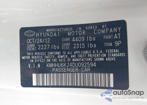 2013 Hyundai Genesis 3.8 Grand Touring from USA, damaged, VIN KMHHU6KJ4DU092594